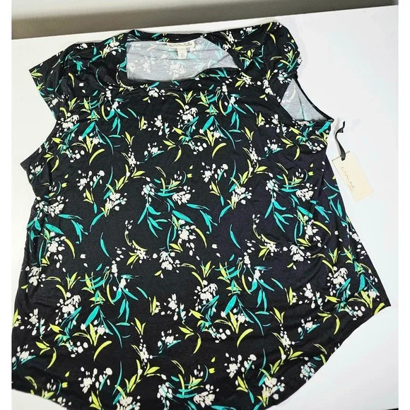 EMALINE WOMAN Floral Print Black Green White Short Sleeve Top Plus Size 2X - Picture 2 of 8